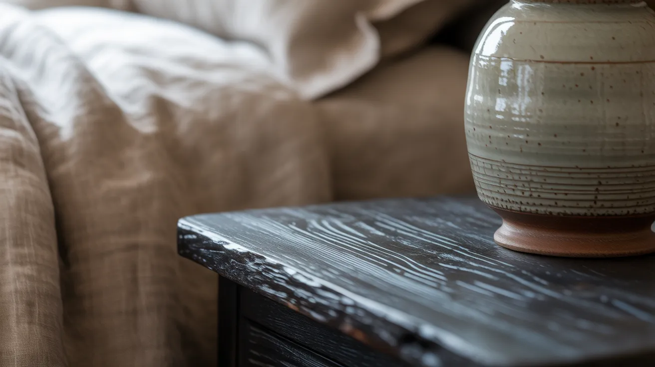 A close-up of a textured, handmade ceramic lamp on a wooden nightstand, with soft light emphasizing its artisanal quality.