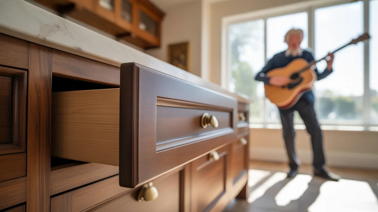 Low-angle, ultra-wide view of a kitchen island drawer with brass hardware. A senior man plays guitar in the sun-drenched background.