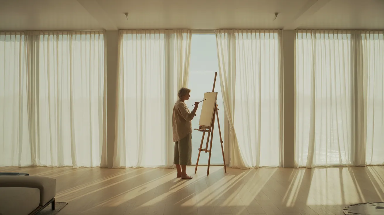 An ultra-wide view of a sunlit, minimalist living room with high-and-wide sheer curtains. A senior woman is focused on painting at an easel.