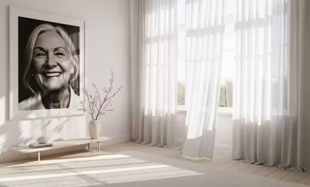 A wide view of a bright living room with sheer curtains and a framed black and white photo of a smiling elderly woman on the wall.
