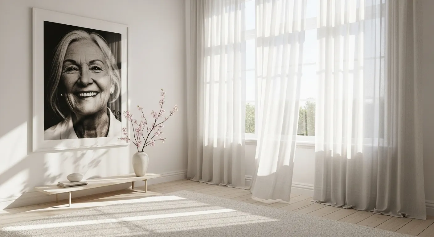 A wide view of a bright living room with sheer curtains and a framed black and white photo of a smiling elderly woman on the wall.
