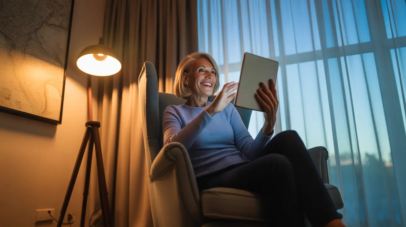 Low angle view of a smiling senior woman on a tablet, sitting in a chair backlit by a window. The room features layered lighting and abstract map art.