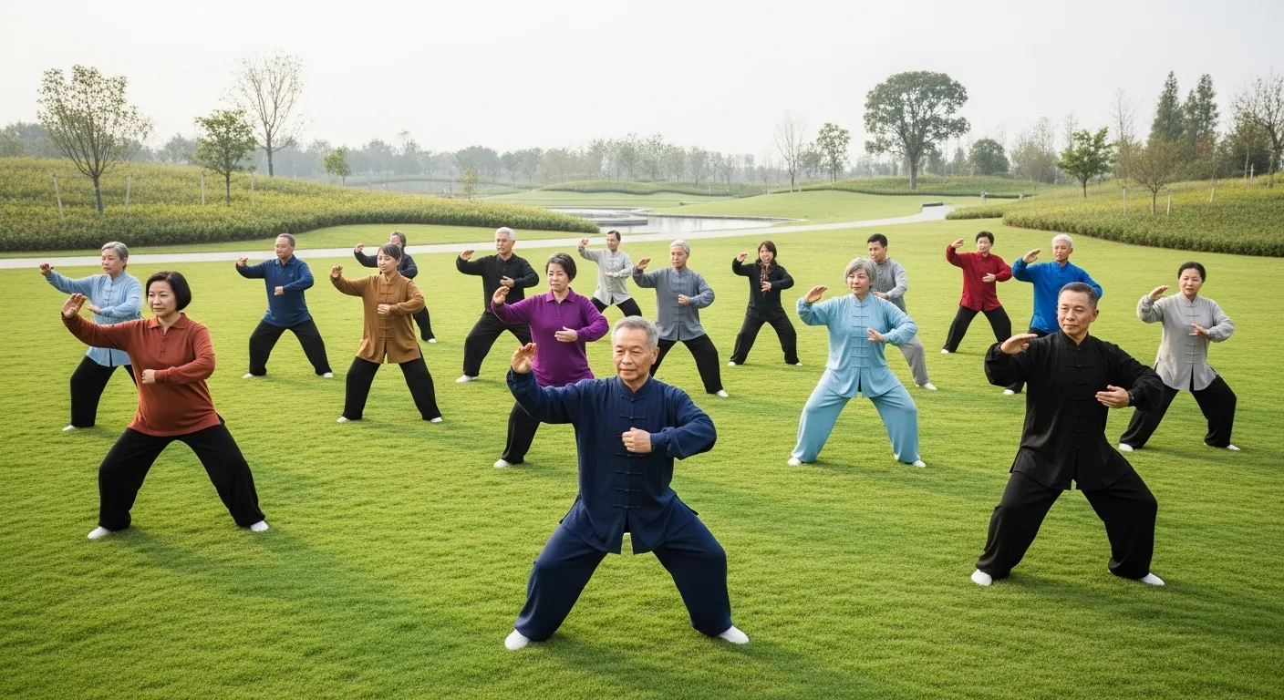 A group of elegantly dressed seniors performs synchronized Tai Chi movements on a green lawn in a modern, minimalist park on an overcast day.