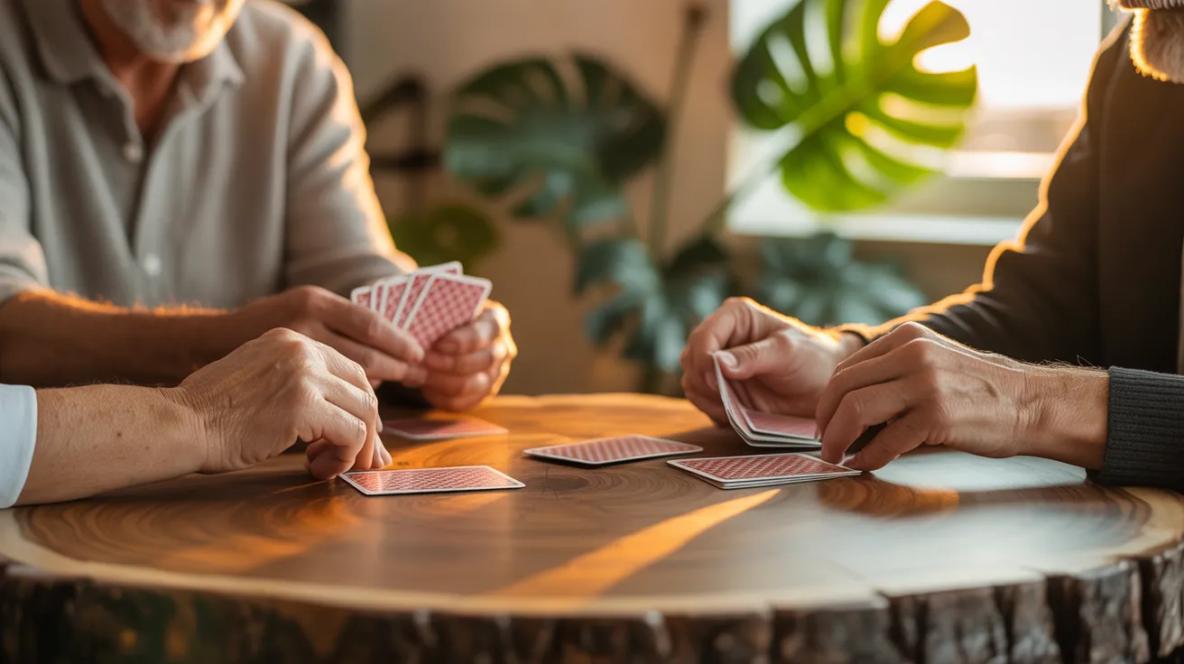 A close-up of the hands of seniors playing cards on a wood table. A large green plant leaf is in the background, lit by warm golden hour light.