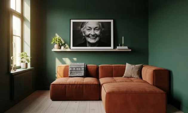 A wide view of a small, sophisticated living room with dark green walls, a rust velvet sofa, and a prominent framed photograph of an elderly woman.