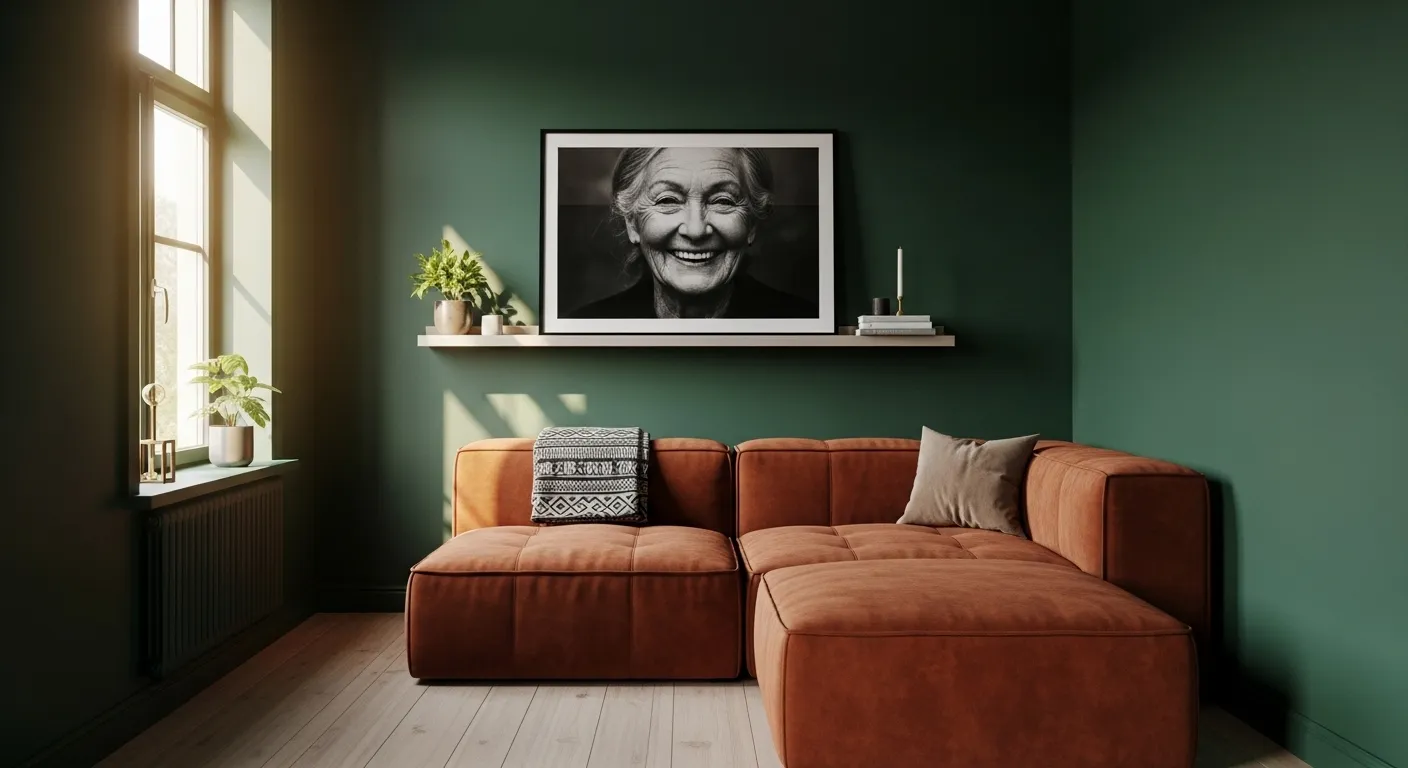 A wide view of a small, sophisticated living room with dark green walls, a rust velvet sofa, and a prominent framed photograph of an elderly woman.
