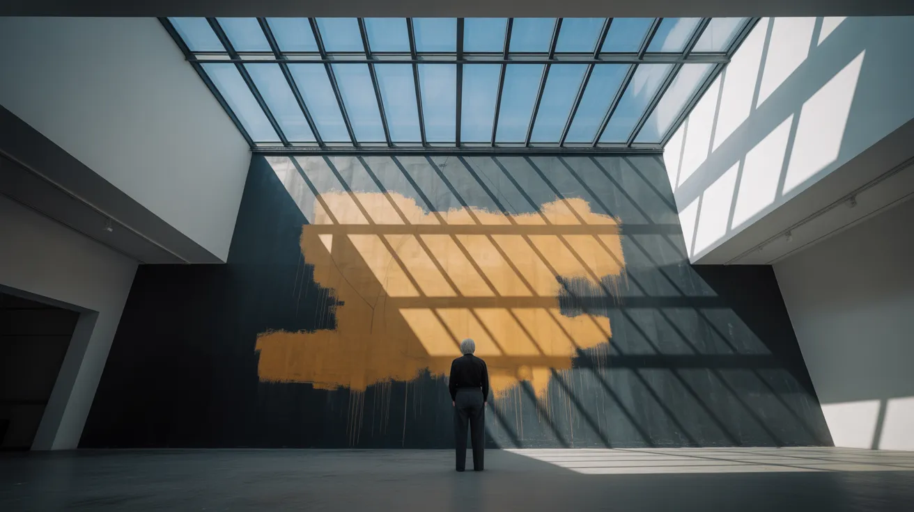 A senior artist stands before a massive abstract painting with ochre shapes on a charcoal wall in a sunlit, modern, minimalist studio.
