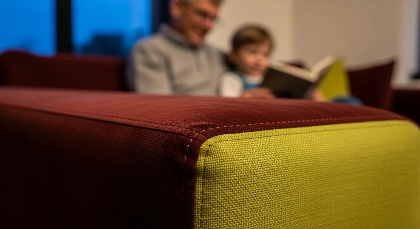 An extreme close-up of contrasting oxblood velvet and chartreuse linen fabrics on a sofa, with blurred figures reading in the background.