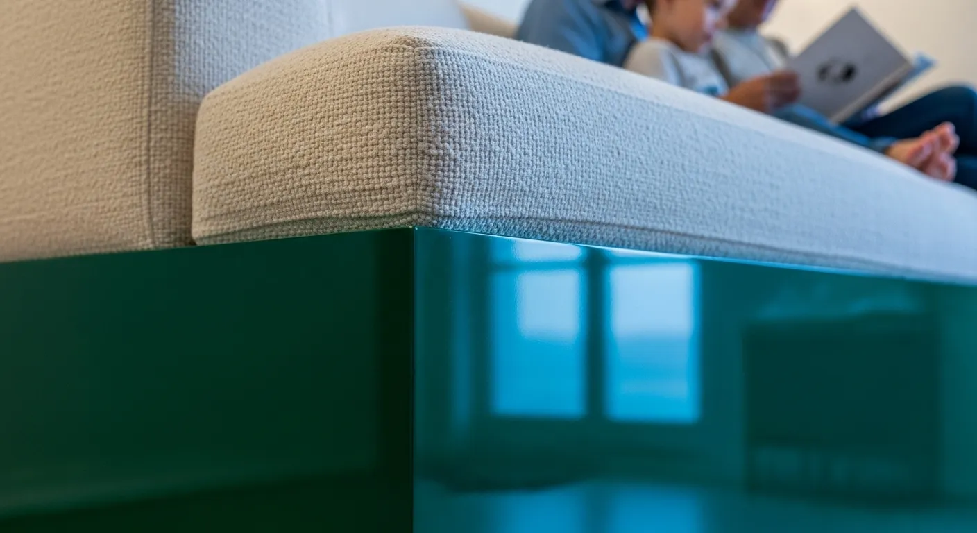 A low-angle, artistic close-up of a modern sofa's corner, focusing on the glossy green plinth with blurred human figures in the background.