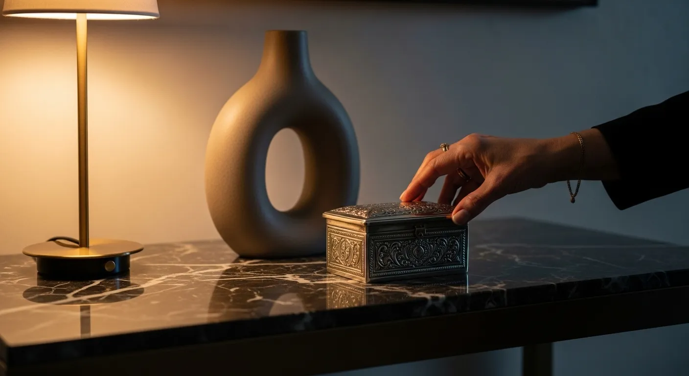 A close-up of a senior's hand adjusting a vintage silver box next to a modern vase on a marble table, lit by a warm lamp.