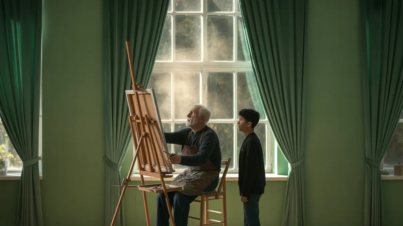 A senior artist paints in a monochromatic forest green studio, illuminated by harsh sunlight through a window. A younger person watches.