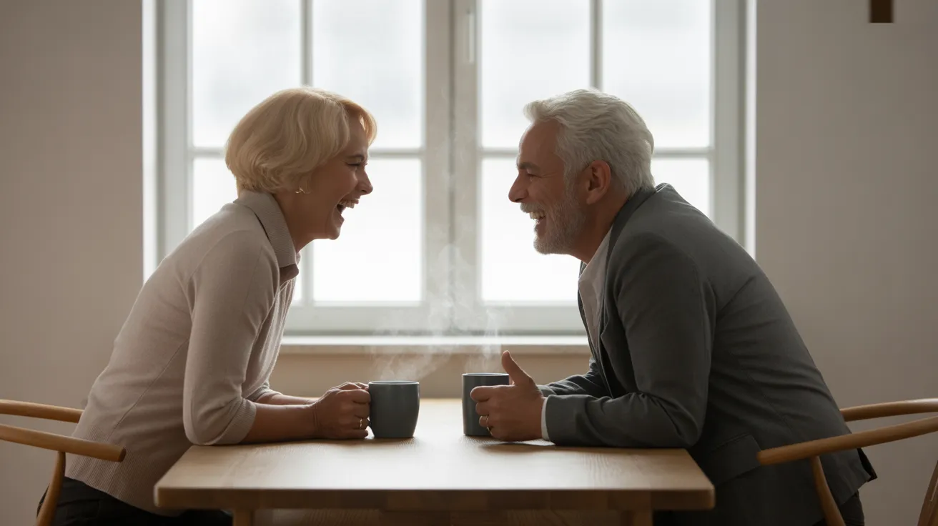An elderly man and woman laugh together while sitting at a bright, minimalist kitchen table with coffee, embodying a sense of shared comfort.