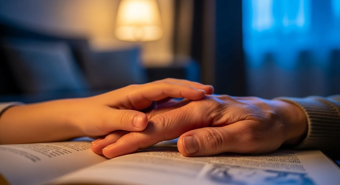 A close-up of a child's hand and an older person's hand together on a storybook, with a cozy, dimly lit living room blurred behind them.