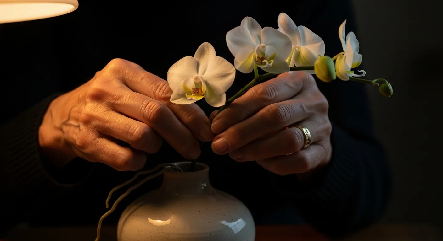 Close-up of an elderly person's hands arranging a white flower in a vase, dramatically lit by a warm lamp in the evening.