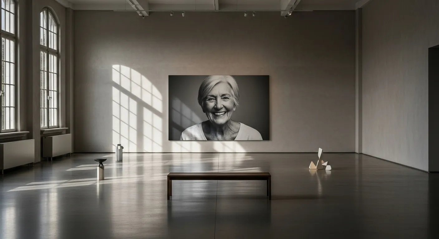 A wide view of a minimalist room with a large framed photo of a smiling elderly person on the wall, illuminated by soft window light.