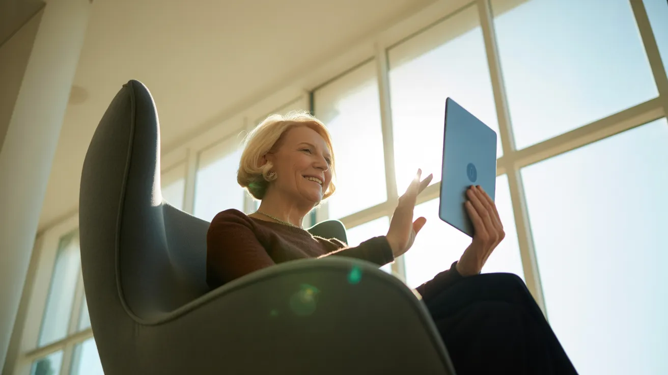 A low angle view of a smiling senior woman in a stylish armchair, backlit by a large window as she holds a tablet for a video call.