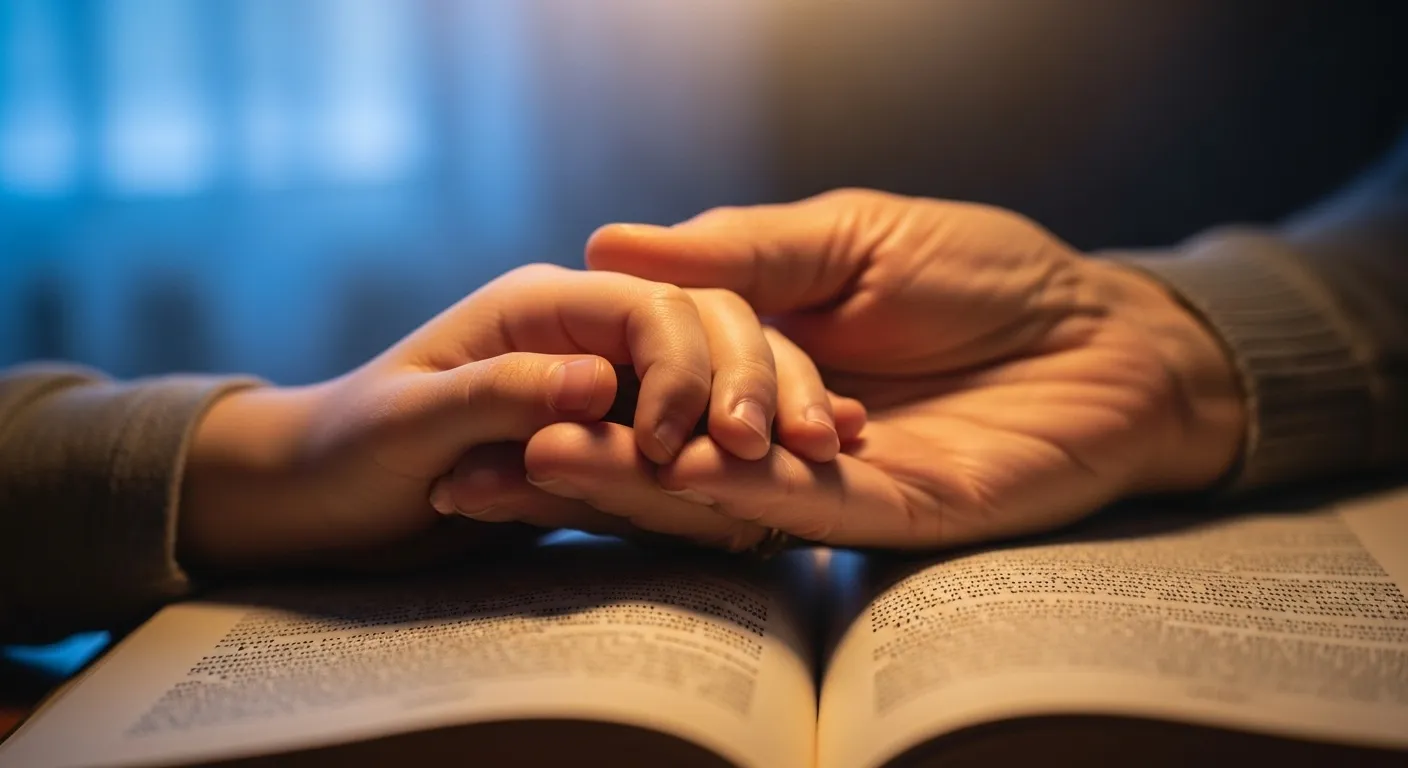 A macro photograph showing a child's hand on top of an older adult's hand, both resting on a book, softly lit from above by hidden lights.