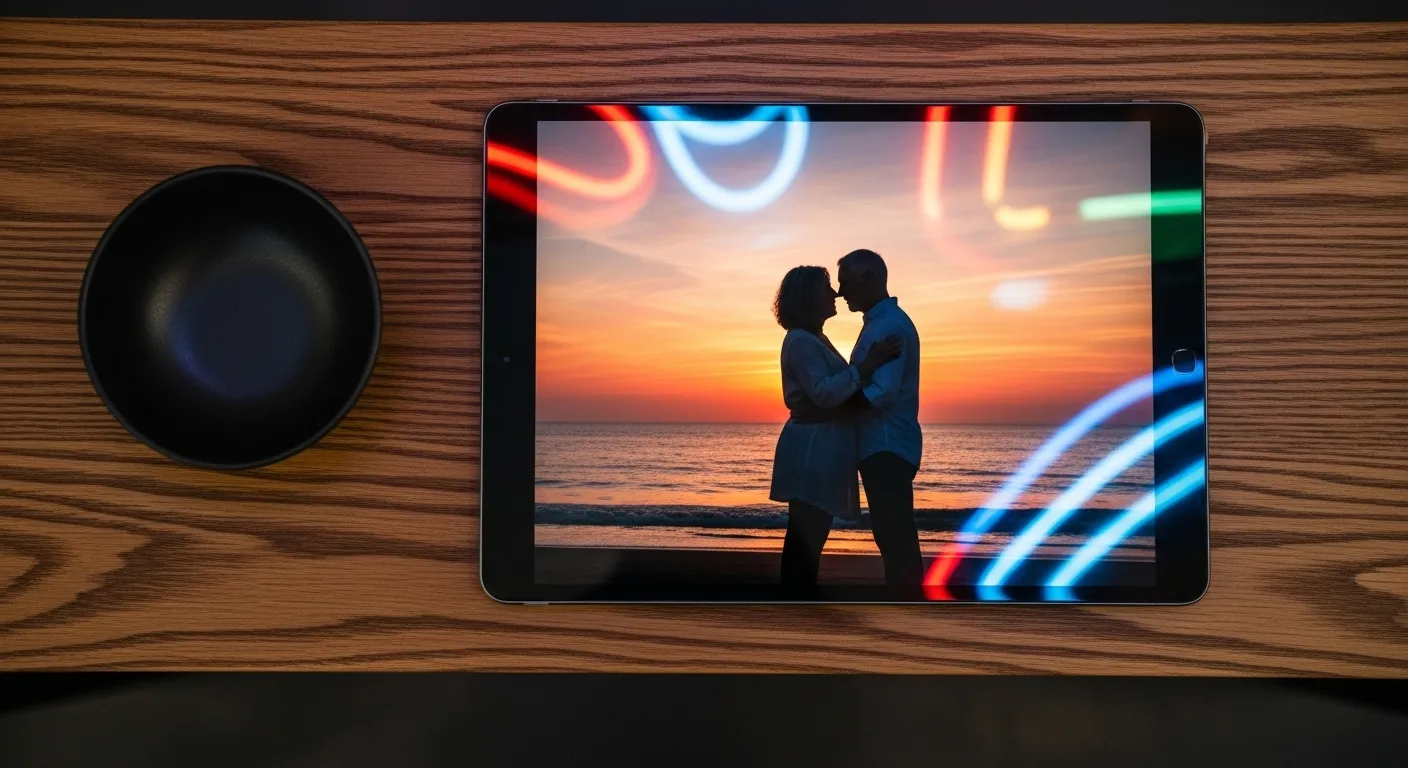 An overhead view of a tablet displaying a photo of an elderly couple. The tablet is on a wooden surface next to a small bowl, with neon lights reflect