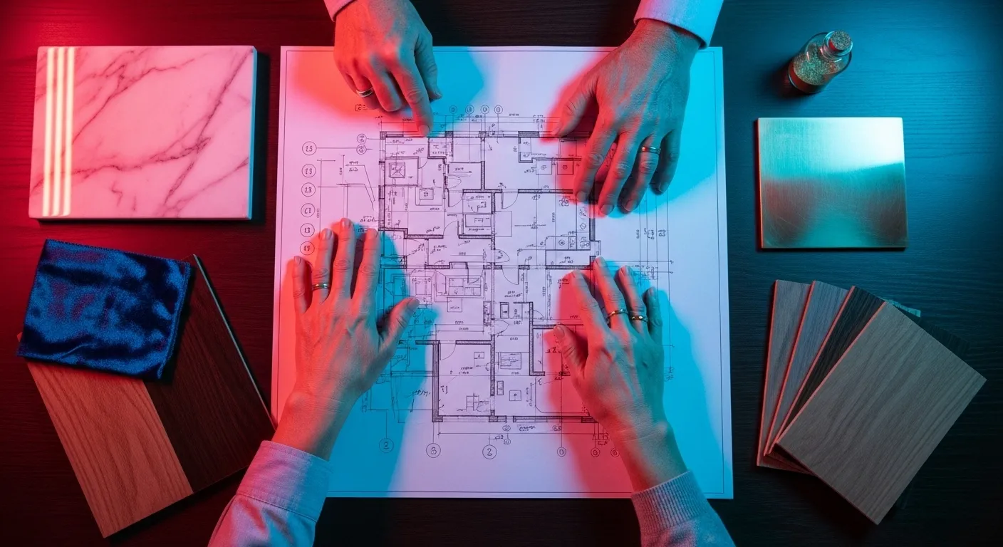 Top-down view of a floor plan on a table with an older couple's hands and design samples, illuminated by colorful neon light from outside.