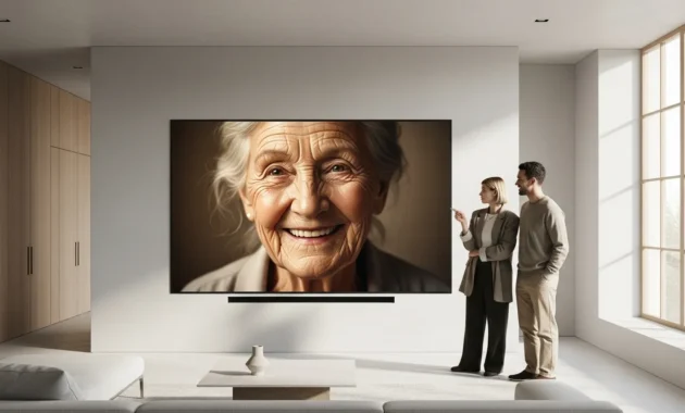 A young couple in a minimalist living room looks at a large digital screen on the wall displaying a happy, older person's face.