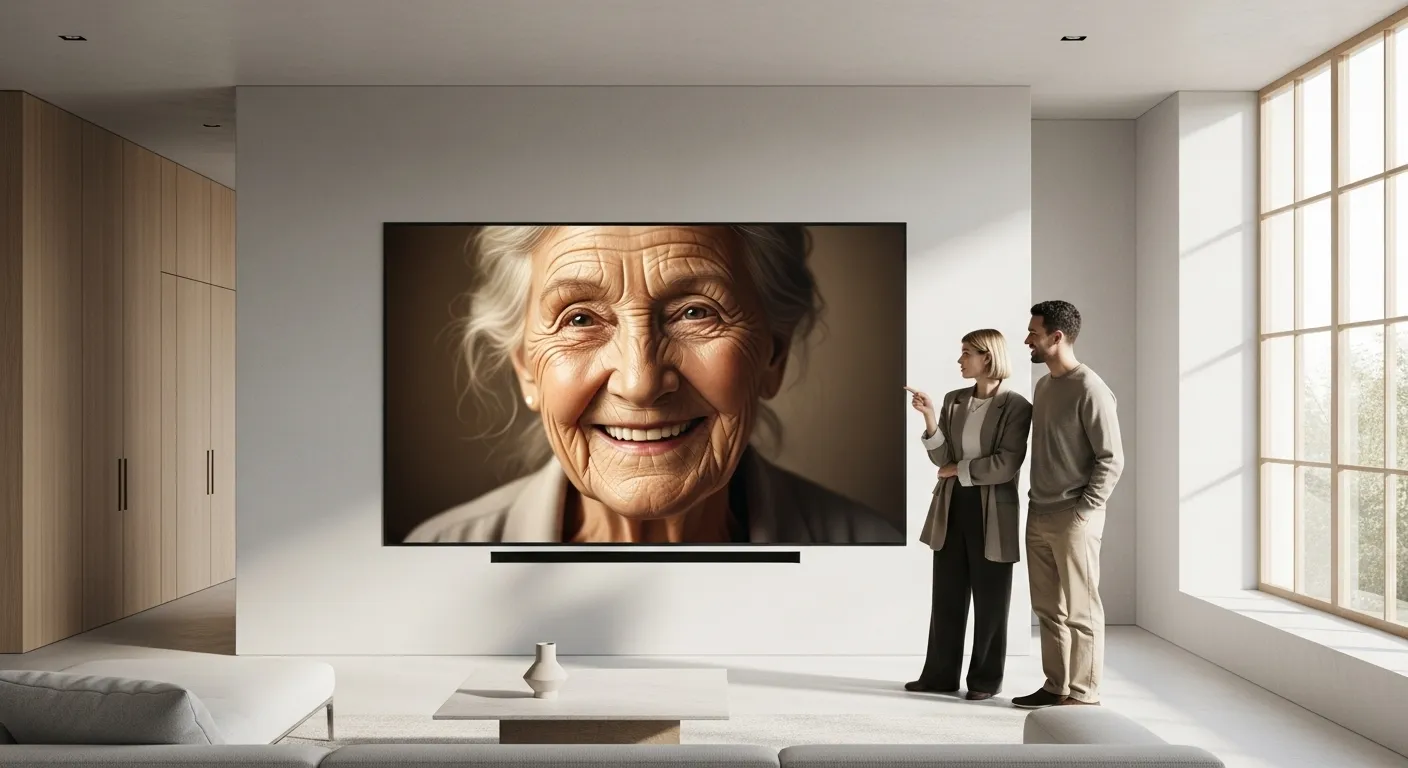A young couple in a minimalist living room looks at a large digital screen on the wall displaying a happy, older person's face.