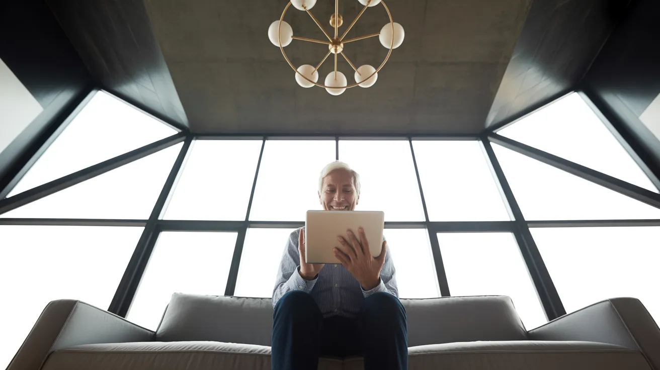A senior on a video call in a chic living room with a dramatic dark ceiling, viewed from a low angle with strong backlighting from a window.