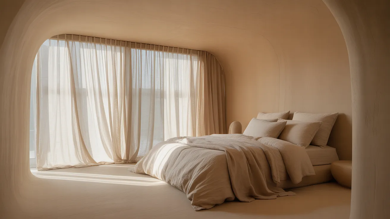 A wide view of a minimalist bedroom decorated in monolithic shades of warm beige, with soft morning light casting gentle shadows.