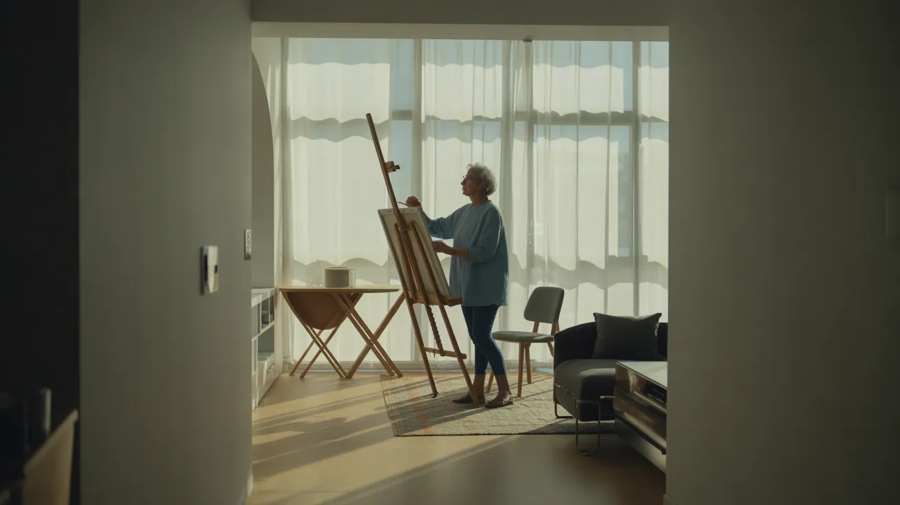 A senior woman is silhouetted by harsh sun as she paints in her minimalist apartment, with long shadows stretching across the floor.