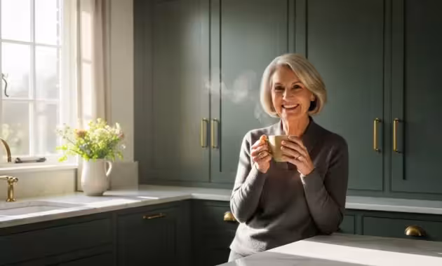 An elegant senior woman smiles in her modern dark green kitchen, enjoying a cup of coffee in the bright morning sunlight.