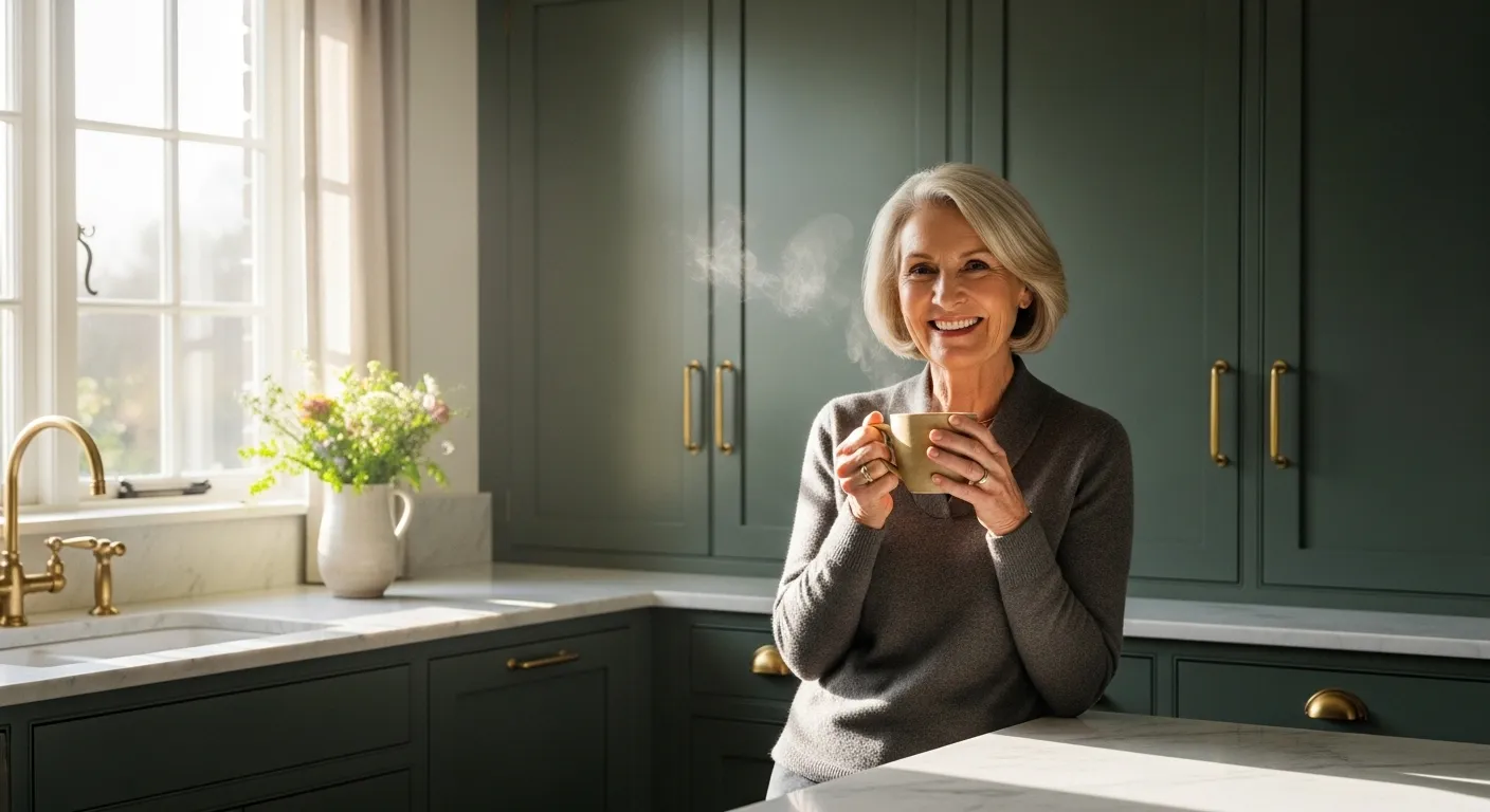 An elegant senior woman smiles in her modern dark green kitchen, enjoying a cup of coffee in the bright morning sunlight.