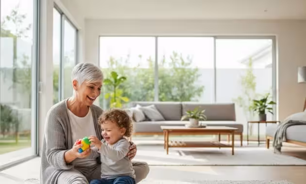 A smiling senior woman plays on the floor with her grandchild in a bright, modern living room filled with natural light.