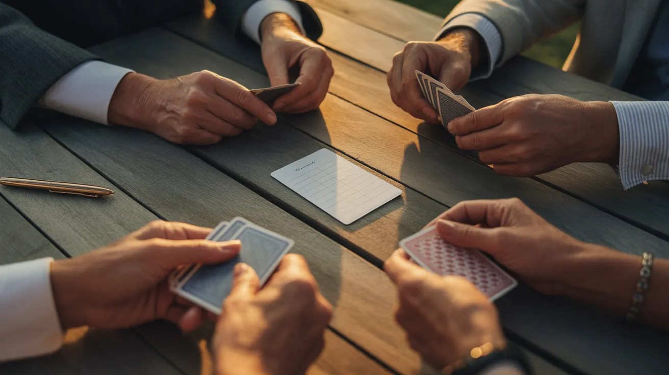 An overhead close-up of several pairs of older hands playing a card game on a wooden table at sunset, with a scorepad visible.