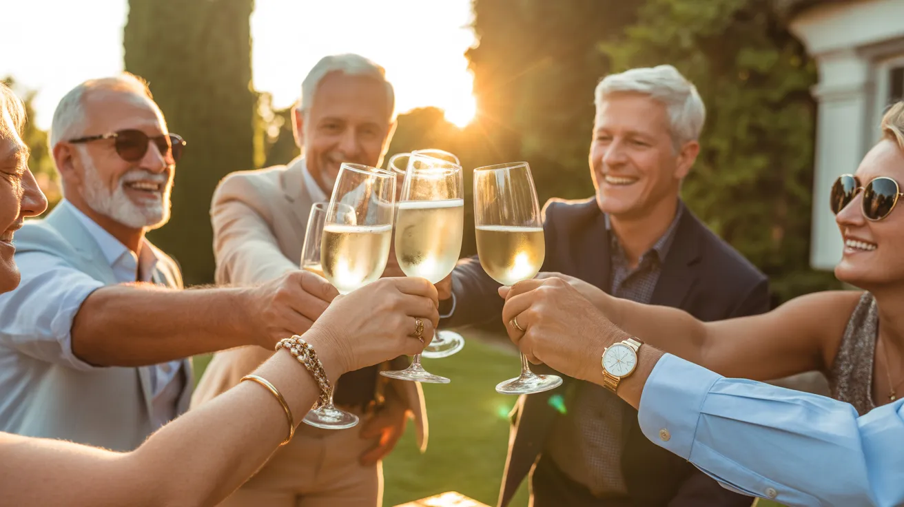 A tight shot of several older adults' hands toasting with glasses of white wine, beautifully backlit by the warm, golden light of sunset.