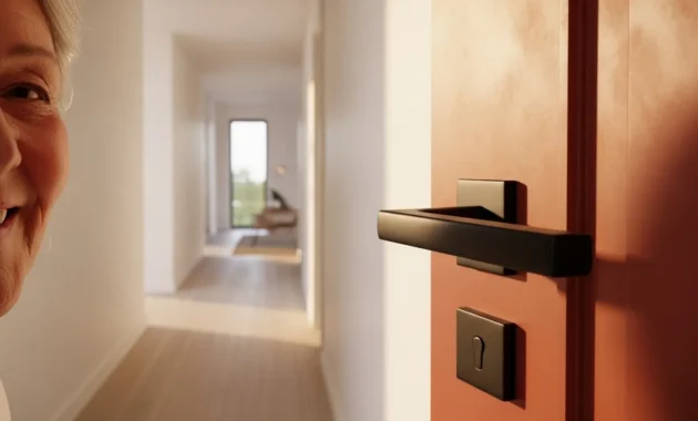 A close view of a smiling senior looking at a modern black door handle on a terracotta door in a brightly lit, minimalist home.