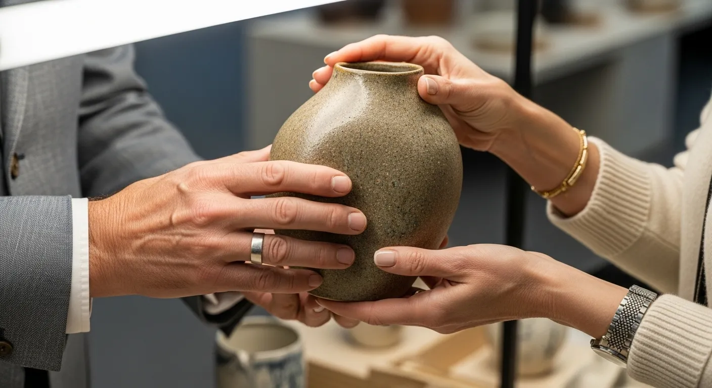 A detailed shot of an older couple's hands gently holding a rough-textured, handmade ceramic vase under cool, stark lighting at a market stall.