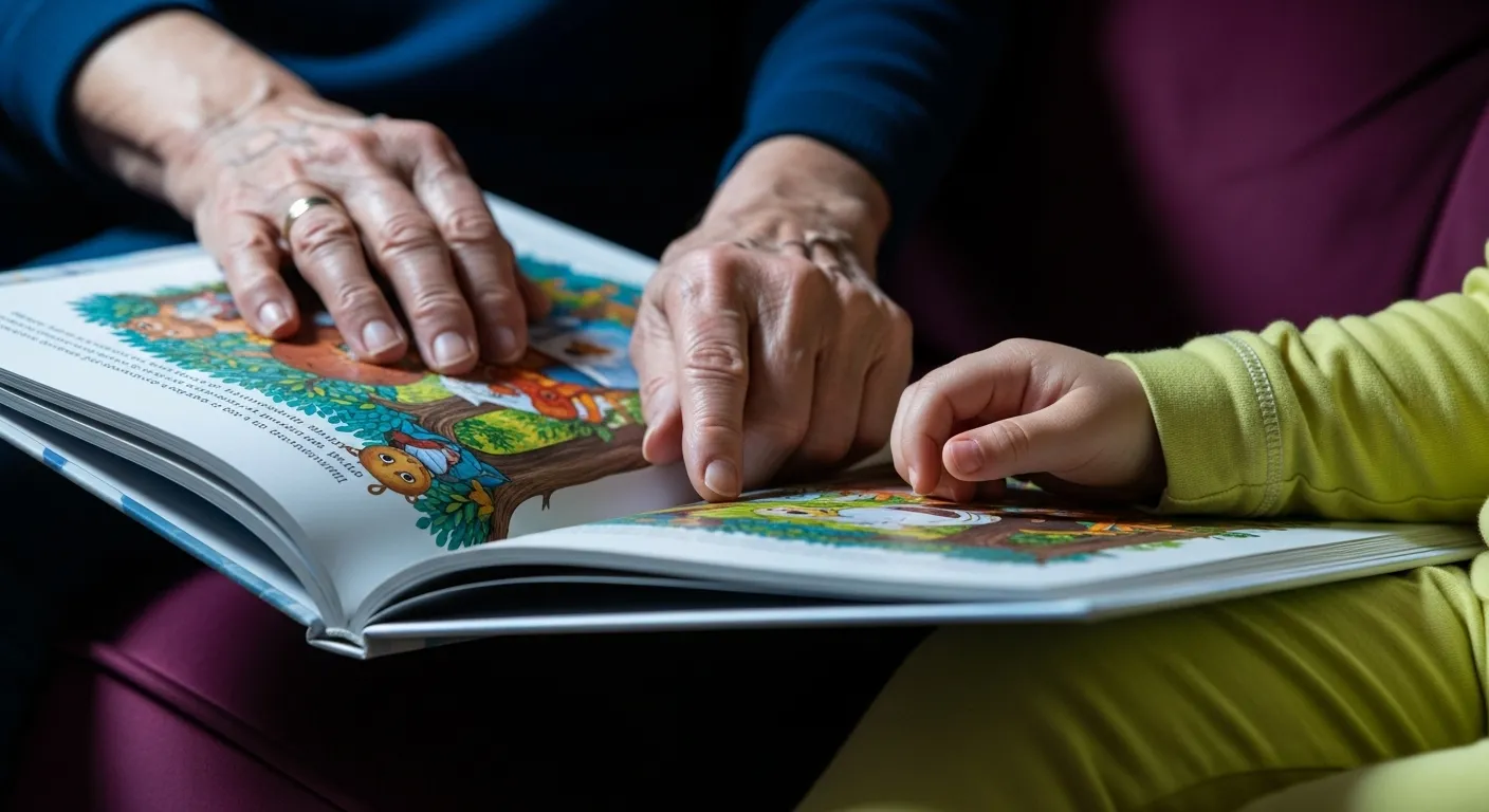 A close-up of an elderly hand and a child's hand together on a book. The background is a plush, dark purple sofa lit by cool twilight.