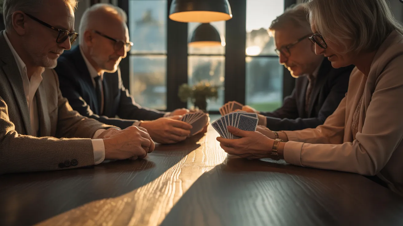 A close-up on the hands of several older friends playing cards on a table, bathed in a mix of warm, dim artificial light and golden hour sun.