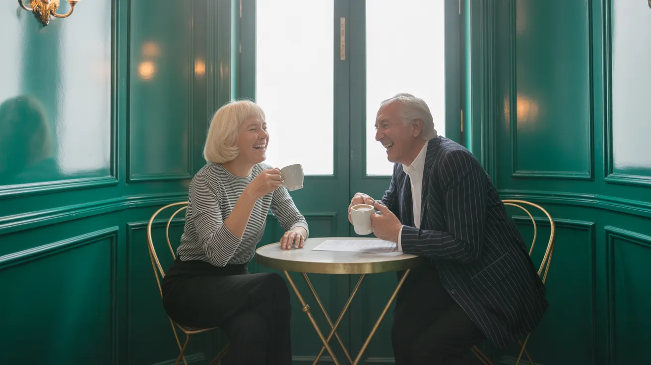 Two stylish seniors laugh together at a brass table in a small, dark green jewel-box kitchen, with a document and coffee cups.