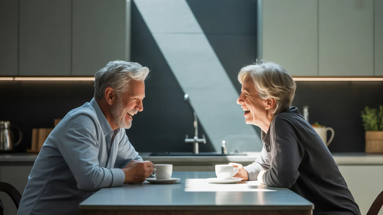 Side view of an elegantly dressed senior man and woman laughing together at a sun-drenched kitchen table on an overcast day.
