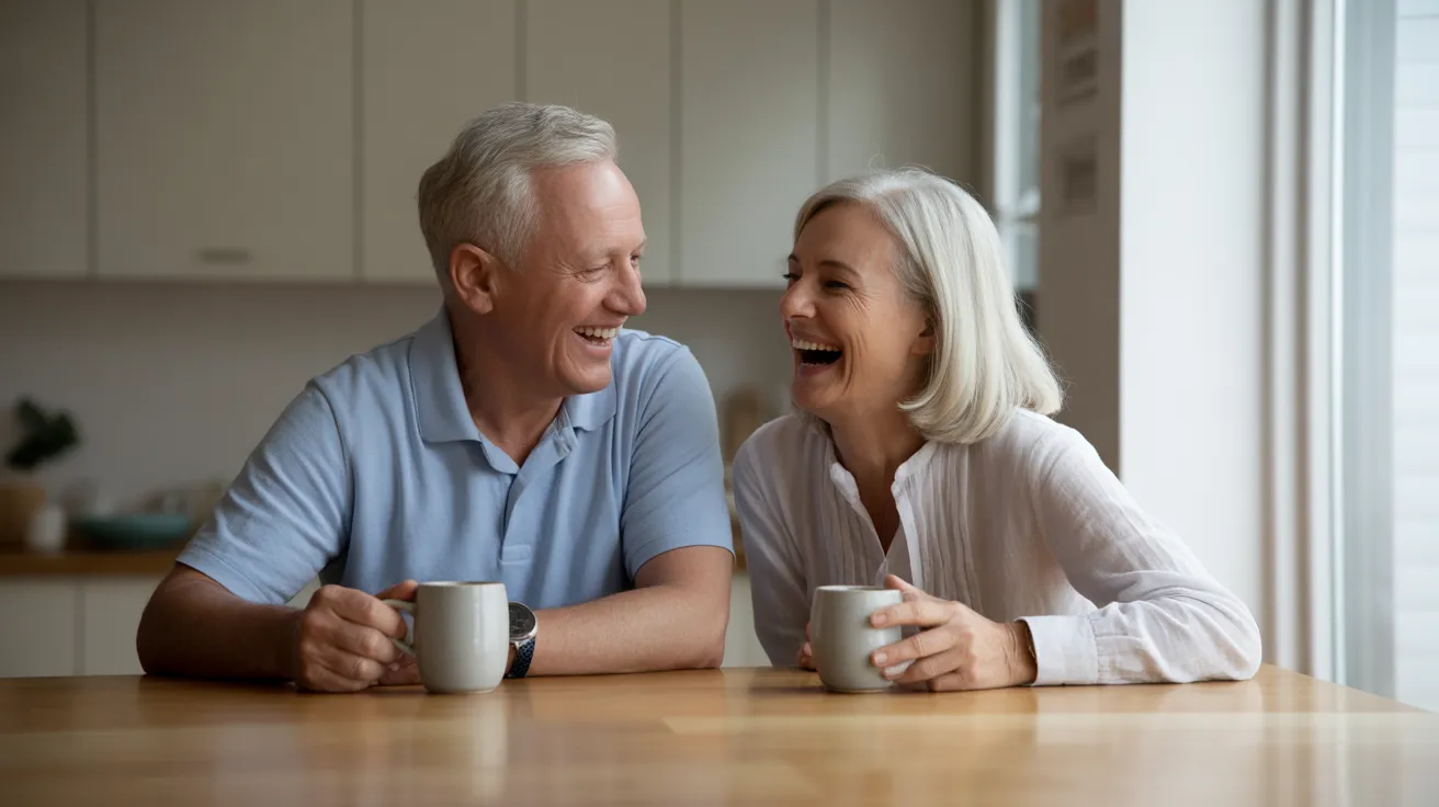 A senior couple sits at a kitchen table, laughing together while holding coffee mugs, illuminated by soft window light on an overcast day.
