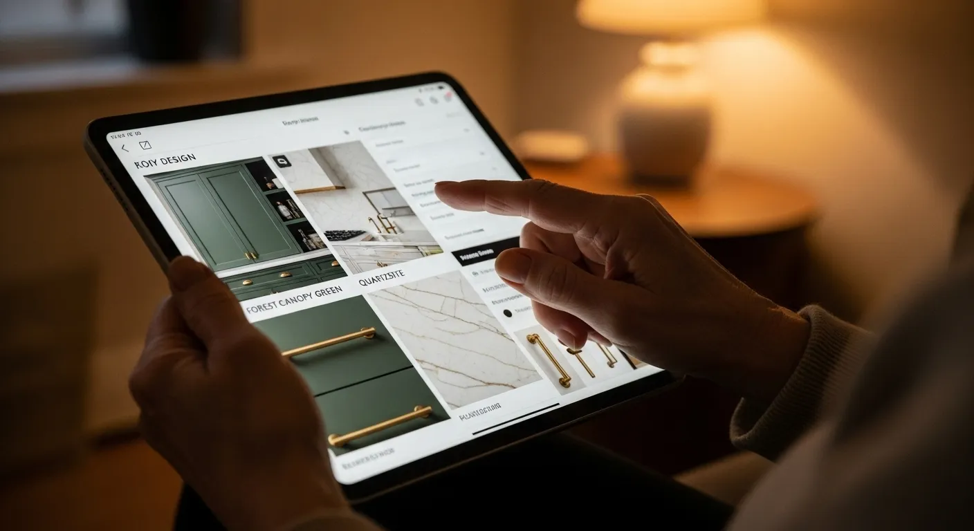 A close-up of a senior's hands holding a tablet showing a kitchen design mood board with green cabinets and stone textures.