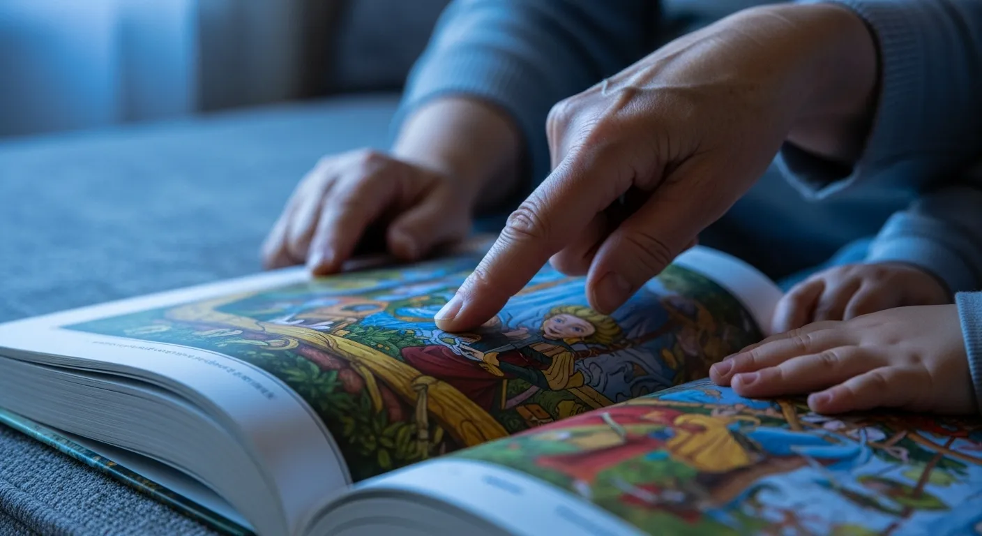 A close-up of a child's and an adult's hands on an open storybook on a sofa, lit by soft evening light.