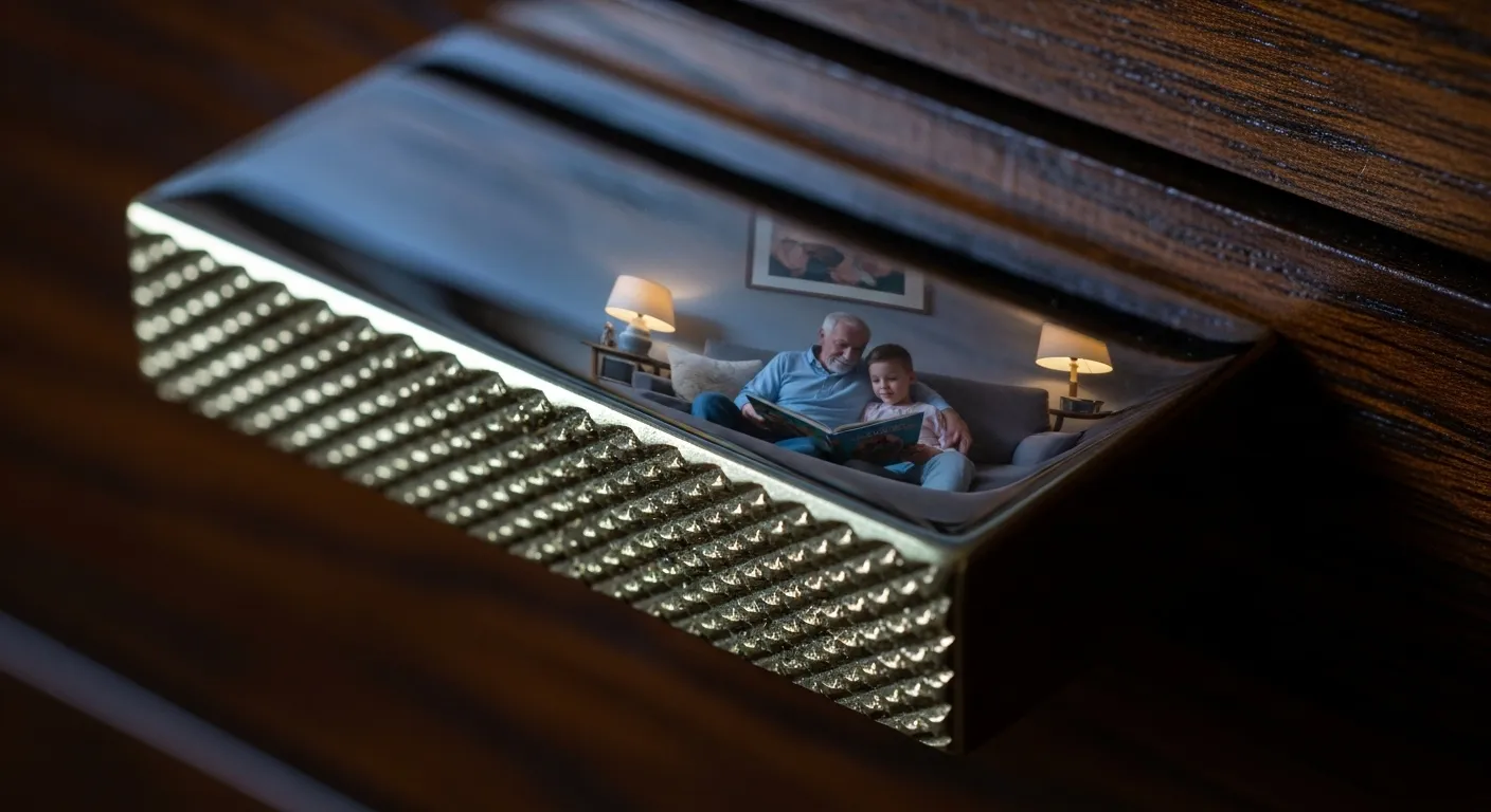 A macro shot of a textured brass drawer pull reflecting a cozy scene of a grandparent and grandchild reading together on a sofa at dusk.