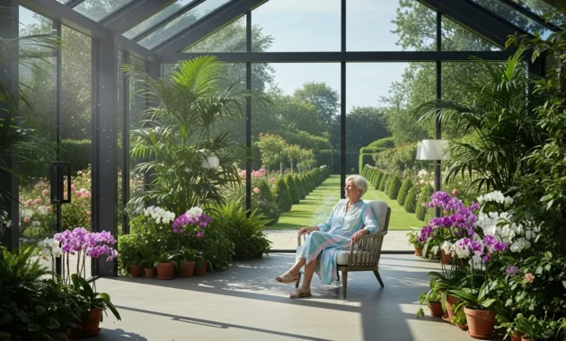 A wide view of a sun-drenched glass conservatory where a smiling senior woman relaxes in a modern chair, surrounded by plants.