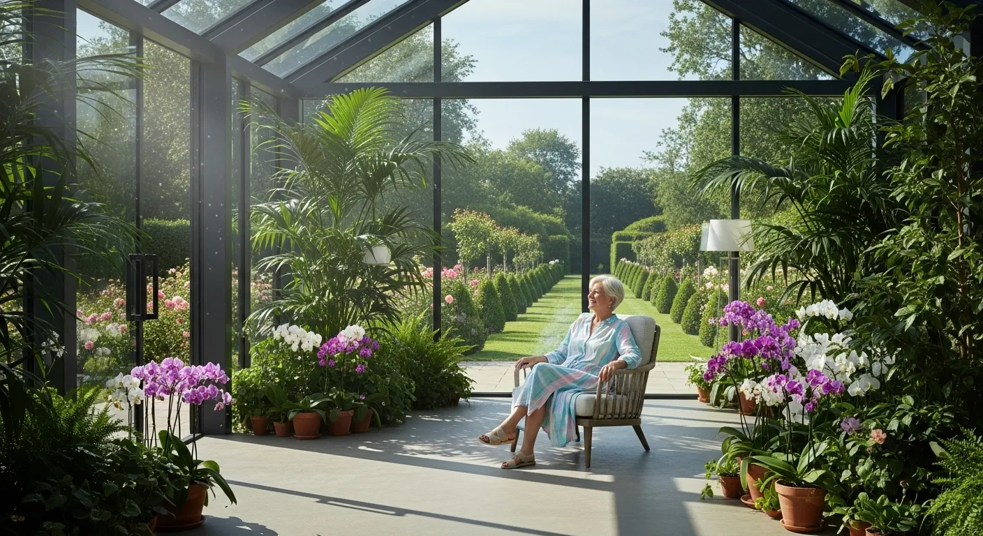 A wide view of a sun-drenched glass conservatory where a smiling senior woman relaxes in a modern chair, surrounded by plants.