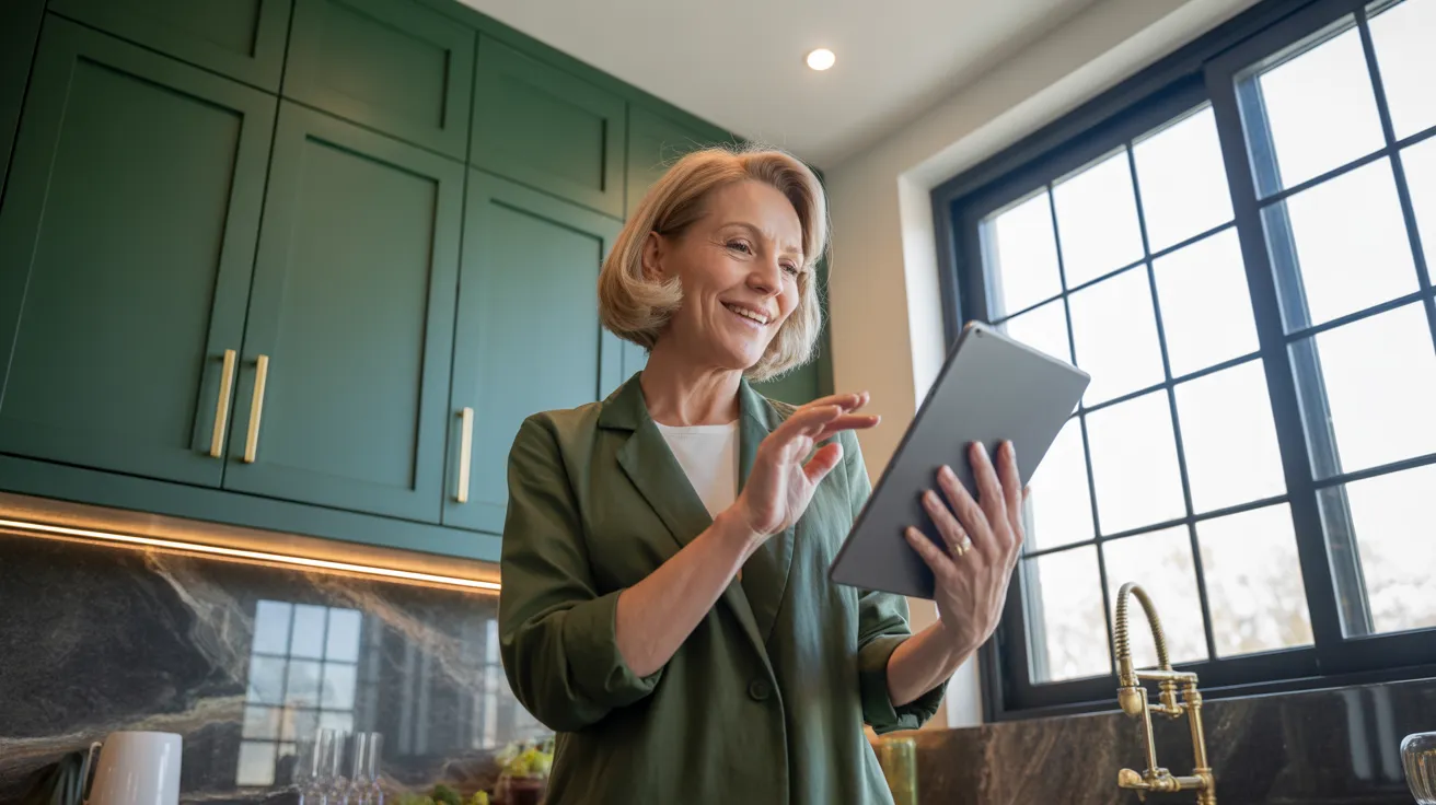 A senior woman, backlit by a window, smiles during a video call in a modern kitchen featuring a statement stone backsplash.