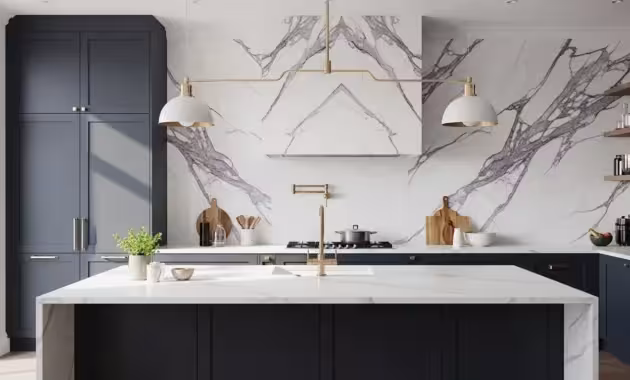 A wide view of a luxurious, modern kitchen with navy cabinets, a white island, and a dramatic purple-veined marble backsplash wall.