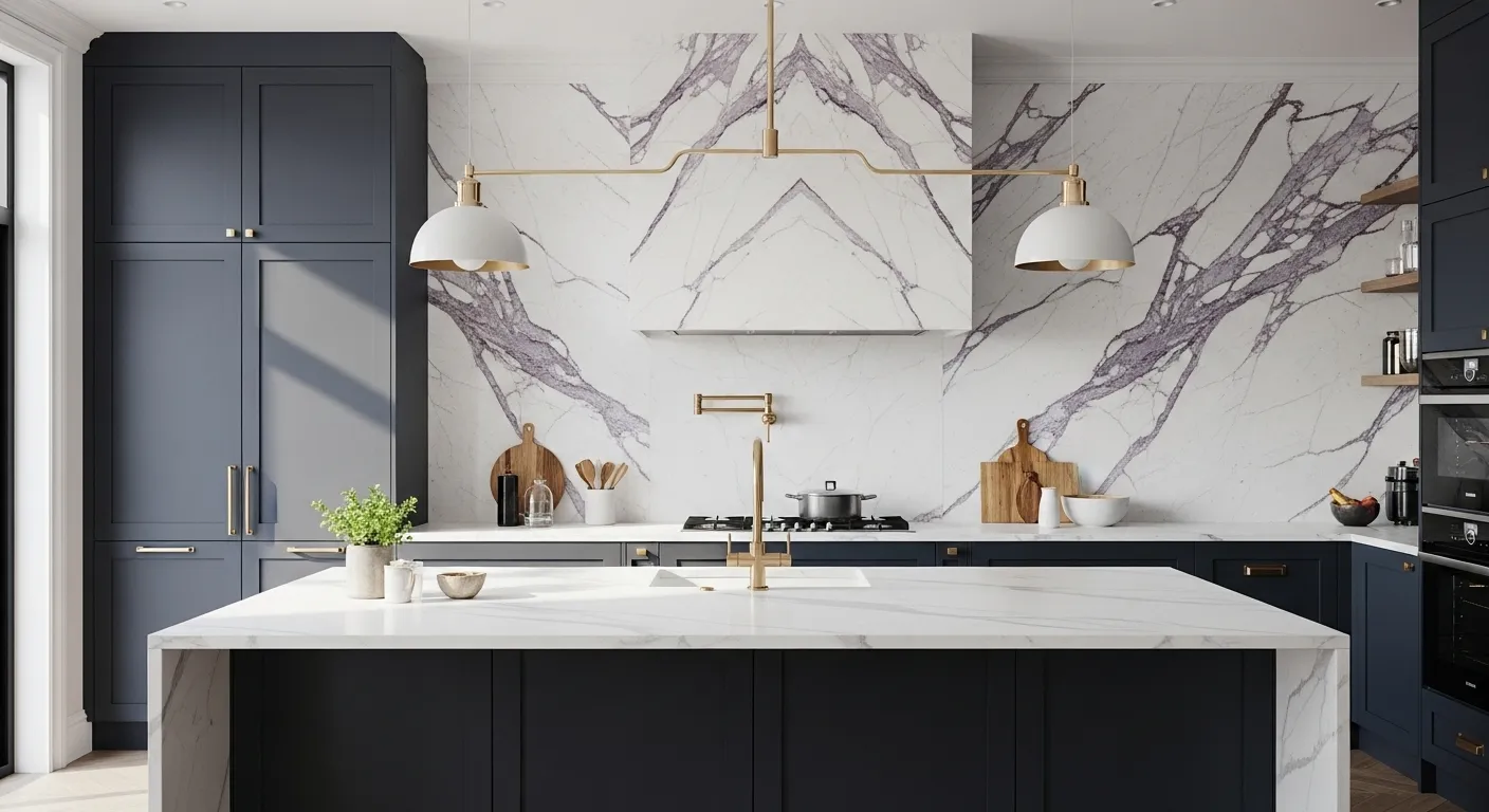 A wide view of a luxurious, modern kitchen with navy cabinets, a white island, and a dramatic purple-veined marble backsplash wall.