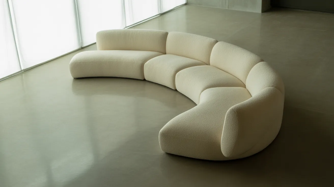 A massive, curved, cream bouclé monolithic sofa sits alone in the center of a spacious, minimalist living room with high ceilings and bright, natural 