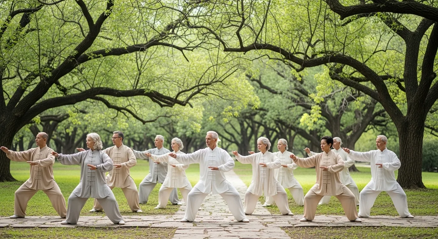 A group of seniors in a wide-shot view, practicing Tai Chi together in a beautifully landscaped park under overcast skies.